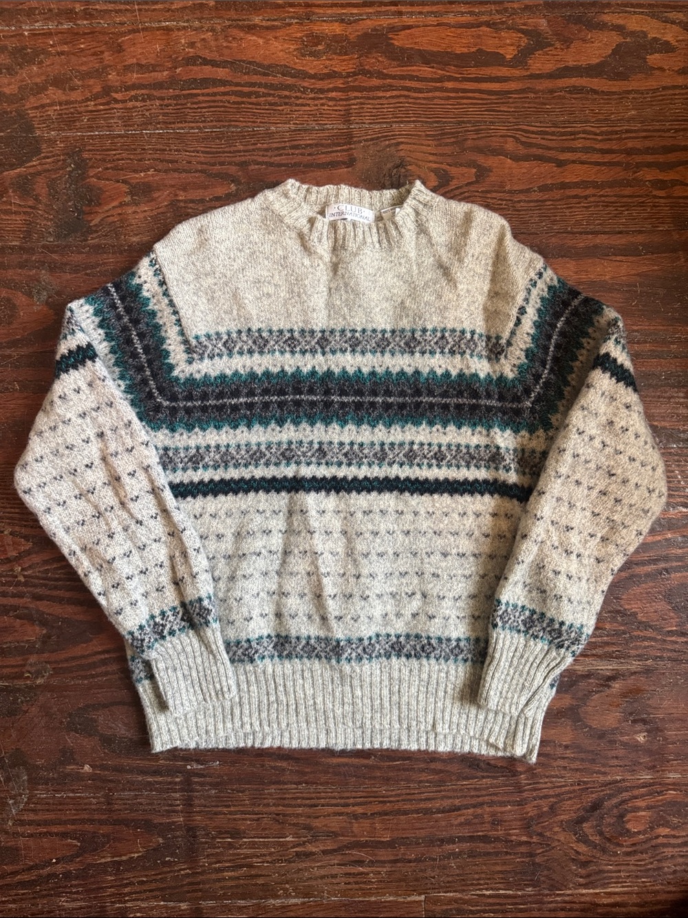 Fair Isle Crewneck Sweater - Cream with Teal & Gray